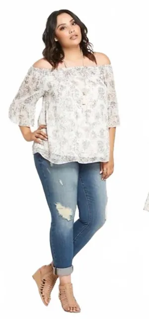 Torrid Gray and Pink Paisley Off Shoulder Flutter Sleeves Blouse Size 0 (12) thumbnail 1