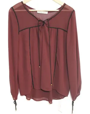 Abercrombie & Fitch Burgundy Red Black Tie Neck Long Sleeve Blouse Top Size L thumbnail 1