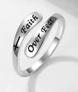 Faith Over Fear Silver Inspirational Wrap Ring Adjustable Size 6-9 thumbnail 1