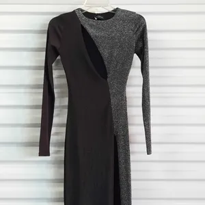 Naked Wardrobe Dress Womens XS Black Silver Metallic Formal Evening Gown Wedding thumbnail 6