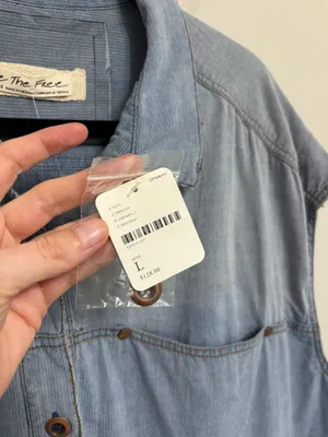 Free People NEW We The Free Chambray Denim Button Front Loose Mini Shirt Dress - Size L thumbnail 4