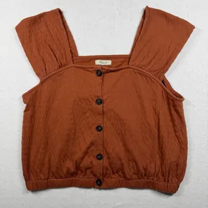 Madewell Crinkle Knit Button Front Crop Top Women’s Large Rust Orange thumbnail 1