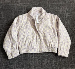 asos Pastel Lavender And Ecru Checkerboard Denim Bomber Jacket Size 2 NWT thumbnail 1