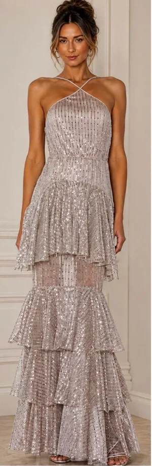 ☀️NWT Michael Costello x REVOLVE Shirley Sequin Tiered Gown Mauve Sz S❤️ thumbnail 1