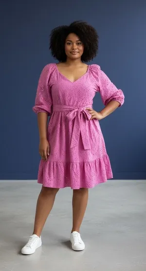 ELOQUII Elements Pink Eyelet Lace Tiered Midi Dress ‎ Belted Size 16 thumbnail 1