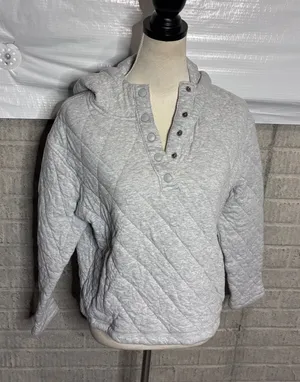 Lands End Womens Quilted Snap Neck Hoodie Heather Gray Pullover Size M 8-10 thumbnail 1