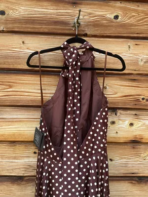 IEENA FOR MAC DUGGAL Size 10 Brown Polka Dot A-Line Halter Gown Rosette FLAWS thumbnail 14