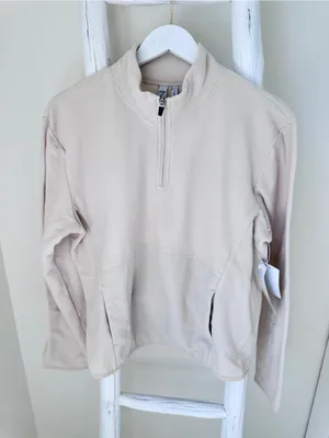 Zella Cream Half-Zip Soft Fleece Pullover w Kangaroo Front Pockets Size Large thumbnail 1