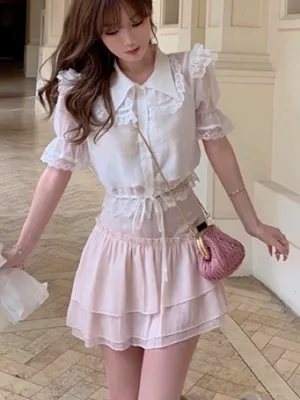 Japanese Kawaii White Lace Ruffle Elegant Lace Blouse Crop Top thumbnail 1