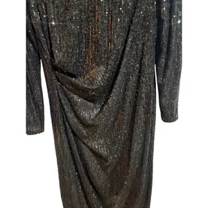 Nanette‎ Lepore Sequin Dress Womens 8 Black NEW Long Sleeve Ruched Midi Sheath thumbnail 3