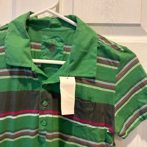 NWT Old Navy Perfect Fit Polo Shirt Green Striped Short Sleeve Cotton‎ Womens M thumbnail 3