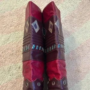 Vintage 80s Vita Mori Burgundy Geometric Western Revival Art‎ Deco Leather Boots thumbnail 3