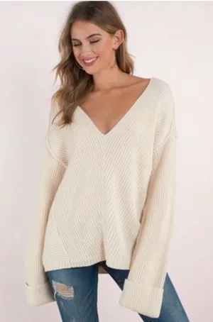 ASTR The Label Cozy V-Neck Cream Cotton Ribbed Sweater thumbnail 1