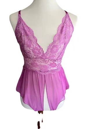 Gorgeous! Lilac Satin Lace Rose Negligee Open Crotch S thumbnail 1