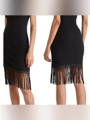 NWOT French Connection Black Ribbed Fringe Hem Midi Dress Size L Boho Swing thumbnail 4