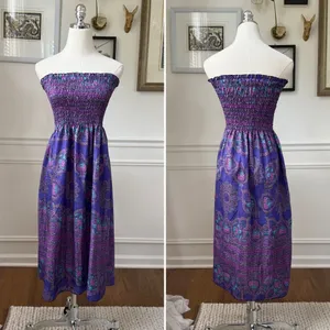 Vintage 80s Purple Strapless Smocked Top Sun Dress S thumbnail 2