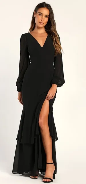 Lulus Tier Elegance Black Long Sleeve Tiered Maxi Dress Chiffon Formal M NWT thumbnail 1