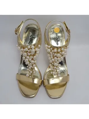 Alisha Hill Heels Cluster Faux Pearl T-Strap Open-Toe Metallic Gold Sandal Sz 8M thumbnail 5