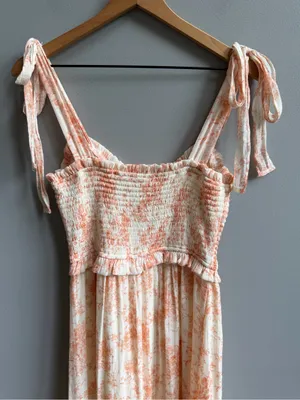 Altar’d State Peach Orange Floral Tie-Shoulder Smocked Midi Dress Medium thumbnail 6