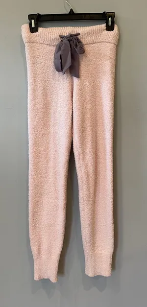 Warm comfy pink lounge pants with grey bow tie thumbnail 1