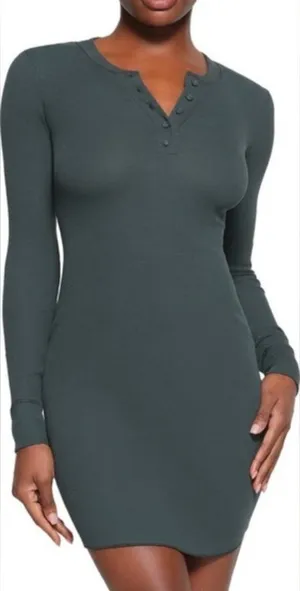 SKIMS Cotton Rib Long Sleeve Dress Olive Green XS NWT thumbnail 1