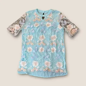 Floral Mesh Overlay Short Sleeve Blouse Turquoise Combo L thumbnail 2