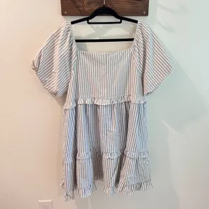 BIBI Blue White Striped Tiered Babydoll Mini‎ Dress Puff Sleeve XL NWT thumbnail 4