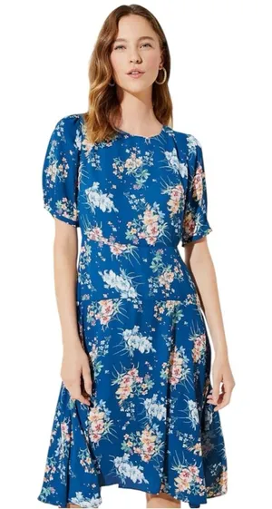 LOFT Floral Chiffon Drop Waist Puff Sleeve‎ Flutter Midi Dress Size 4 thumbnail 1