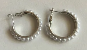 3/$20 Silver Tone White Faux-Pearl Beaded Hoop Clip Earrings 1" Pierced thumbnail 1