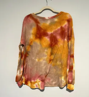 BiBi Colorful Pink Yellow Tan Colorful Tie Dye Waffle Knit Top Shirt thumbnail 6