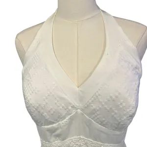 Sangria White Midi Dress Y2K Eyelet Baby Doll Halter Side Zip Cotton Size 8 FLAW thumbnail 3