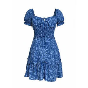 Hello Molly Blue White‎ Print Smocked Mini Dress Puff Sleeve Cottagecore Size S thumbnail 3