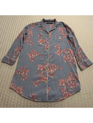 Lauren Ralph Lauren Floral & Stripe Blue Pajama Sleep Shirt Button Up M Medium thumbnail 11