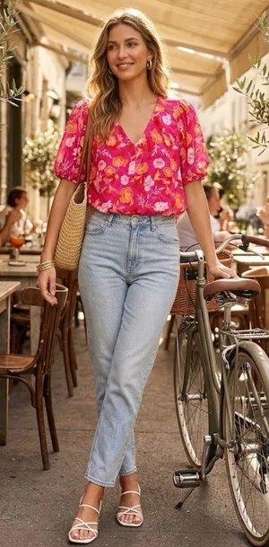 Pleione Pink & Orange Floral V- Neck Blouse Puff Sleeves Size M Coquette thumbnail 1