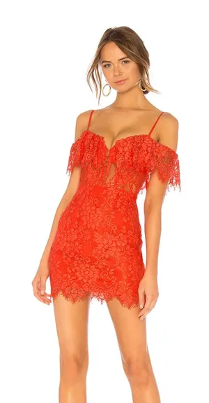 NBD x NAVEN | Allie Red Orange Lace Cocktail Dress Off Shoulder Sheer | Small thumbnail 1