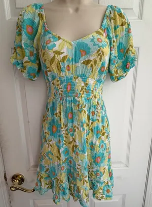 Billabong Floral Smocked Mini Dress Blue Yellow Crinkle Puff Sleeve XS thumbnail 1