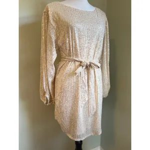 Vine & Love Sparkling Gold Sequin Long Sleeve Belted‎ Mini Dress Party Glam Y2K boho fairy thumbnail 3