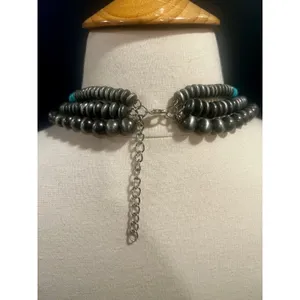 Artisan Turquoise & Gunmetal Triple Strand Beaded Necklace Southwestern Statement thumbnail 6