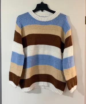 BiBi Striped Crewneck Sweater in Blue, Brown & Cream thumbnail 1