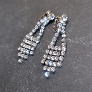Vintage Clip On Earrings 2.25" Long Clear Gem Drop Dangle Regal Statement thumbnail 3