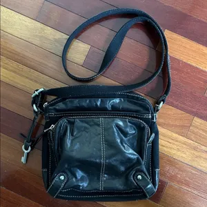 Fossil Black Canvas Leather Purse Bag Silver Hardware Key 10x11 Long Strap Y2K thumbnail 5