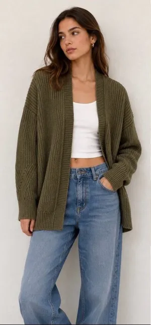MANGO cotton knit cardigan in dark green thumbnail 1