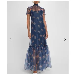 STAUD Botanical Navy Calluna Organza Mesh High Neckline Tie Back Gown size Small thumbnail 5