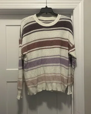 Purple Multi Striped Sweater Waffle Knit Top Size Small Crew Neck Drop Shoulder thumbnail 1