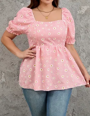 Nwot-Pink Gingham Babydoll Top-Size 2x thumbnail 1