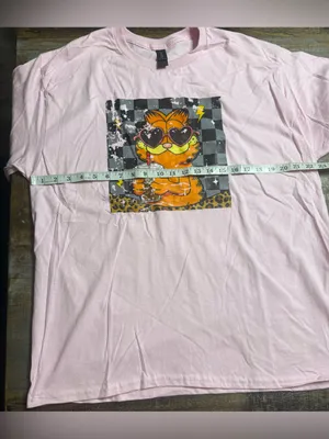 Gildan Light Pink Short Sleeve Tee with Orange Cartoon Cat Graphic thumbnail 5