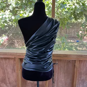 Zara Women's Black Vegan Leather One Shoulder Ruched Top Size S thumbnail 4