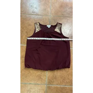 LOFT Blouse Women Burgundy Sequin Shoulder Bubble‎ Hem Medium thumbnail 7