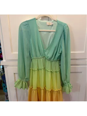 Champagne & Strawberry Rainbow Colorblock Tiered High Low Dress XS Chiffon Ombré thumbnail 15