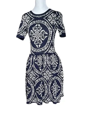 Romeo & Juliet Couture Damask Knit‎ Skater Sweater Dress Navy Blue White XS thumbnail 3